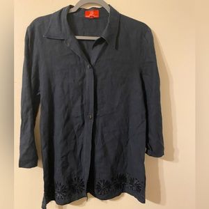 Oscar De La Renta Navy Blue Linen Eyelet Floral Hem Button Shirt Women Sz Medium